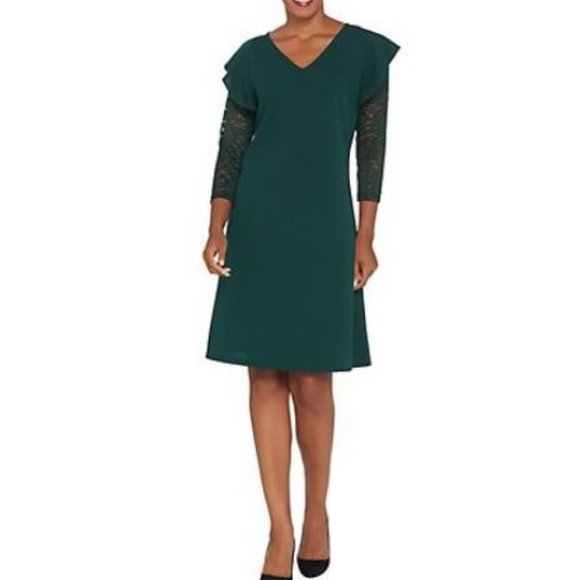 Du Jour Lace Sleeve Knit Dress with Ruffle Detail - Picture 1 of 3